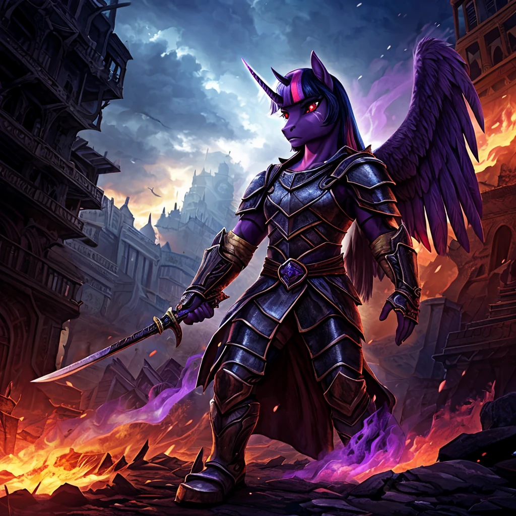 A war-torn apocalyptic city in flames, an evil leader anthro alicorn pony queen Twilight Sparkle with a scar across face, standing on a dead anthro pony in a military outfit, 1girl, corpse, detailed feathered wings and unicorn horn, detailed hands and feet, wearing steel armor, wielding a sword, surrounded by dark magic, wearing a crown, beautiful detailed eyes, beautiful detailed lips, red eyes with purple smoke, extremely detailed eyes and face, long eyelashes, realistic portrait, fantasy portrait, dark fantasy, concept art, digital painting, hyper-detailed, cinematic lighting, volumetric lighting, dramatic colors, deep shadows, moody atmosphere, intricate texture, highly detailed armor, ornate crown, glowing dark magic effects, dynamic pose, photorealistic, 8k, HDR, physically-based rendering, vibrant colors, cinematic framing
