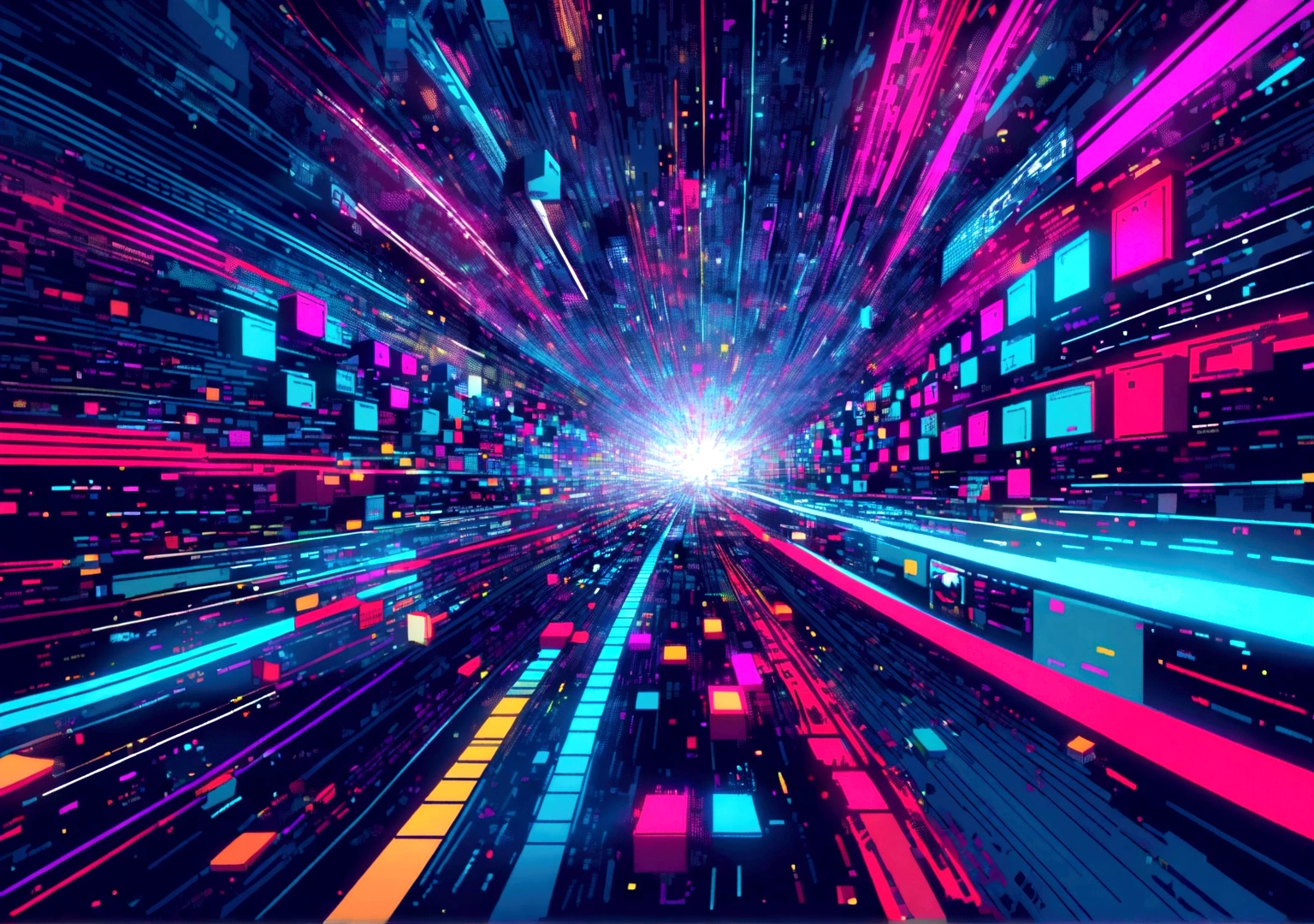 Pixel art Tetris blocks that fall and fit together with the music, creating abstract geometric shapes. Lines of code and sound waves appear in the background, creating a psychedelic effect.
• Colors: Dark shades of blue and purple with points of red, green and blue neon light.
• Animation: Tetris blocks fall and fit with the music, creating a glitch and distortion effect. Lines of code move and sound waves pulse to the music.