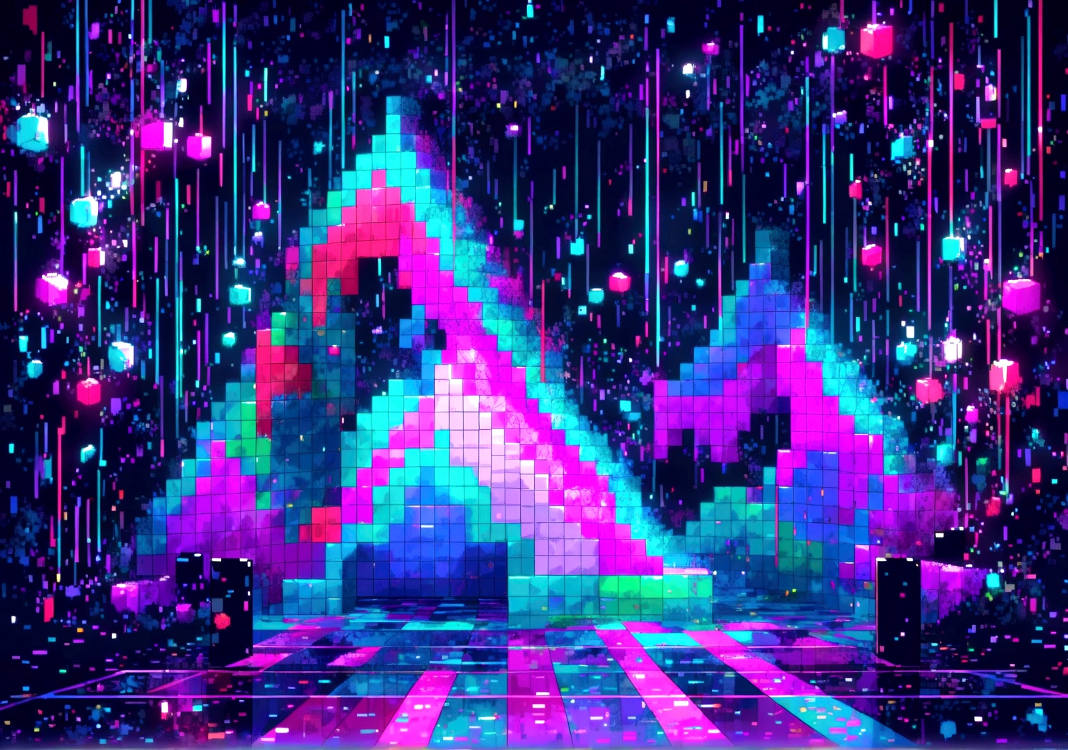 Pixel art Tetris blocks that fall and fit together with the music, creating abstract geometric shapes. Lines of code and sound waves appear in the background, creating a psychedelic effect.
• Colors: Dark shades of blue and purple with points of red, green and blue neon light.
• Animation: Tetris blocks fall and fit with the music, creating a glitch and distortion effect. Lines of code move and sound waves pulse to the music.