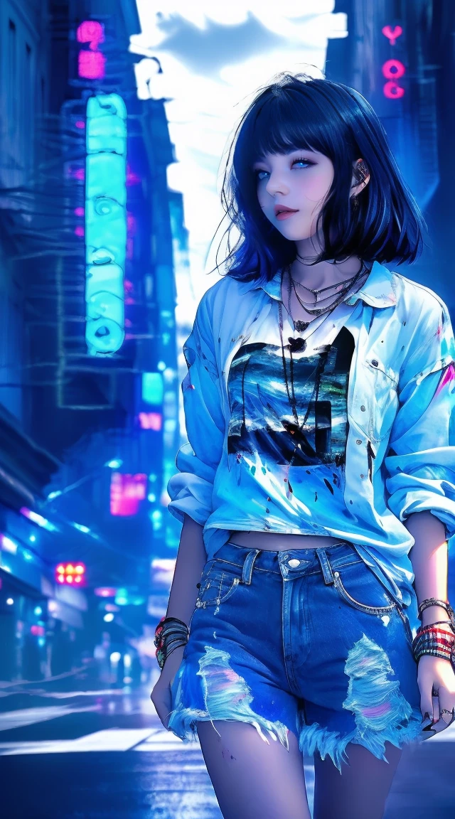 best image, master paintings,optimal quality,Raby,adult woman,Beauthfull、very depressed,With short black hair,is crying,Looking at a cloudy sky、Neon street in the background、neon color is blue.1 girl, Light blue long hair, dark blue, sit in class, modern black , アニメ
