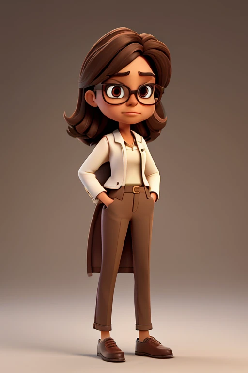 The character is an angry woman, fair brown-skinned, straight hair below the shoulders, wears large square glasses with brown frames,eyes browns. Wear a white coat below the hips, wears brown pants, wear black low heel shoes