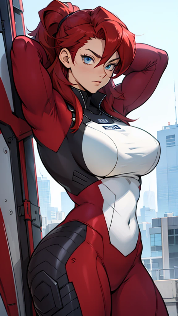 High detailed, Anime, 1 girl, solo, Ruby red colored hair, sidebangs hairstyle, Azure colored eyes, detailed eyes, busty, strong body, pilot suit