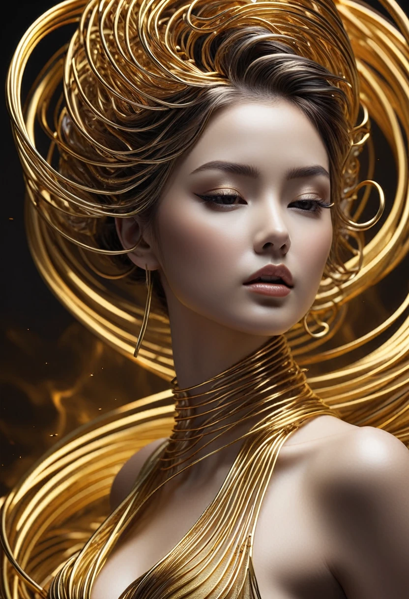 (Line art:1.5)，Monochrome，Beautiful girl,Model shooting style,Abstract Painting, (Highly detailed CG synthesis 8k wallpaper), Complex liquid smoke rises from above、chaotic row storm, Beautiful girlの様式化された抽象的な肖像画,Heavy Metal Style，Postmodern Industrial Style，Ultra-realistic，Sculptural image of a beautiful woman made of thin metal wire, golden curve structure, female sculpture made of metal wire, spiral dripping gold, metal curve composition, Winding Road, abstract female sculpture, small vortex, Abstract Sculpture, twist, rotate, intricate metal wire, spiral, long exposure photography, Line Smooth, Complex Light