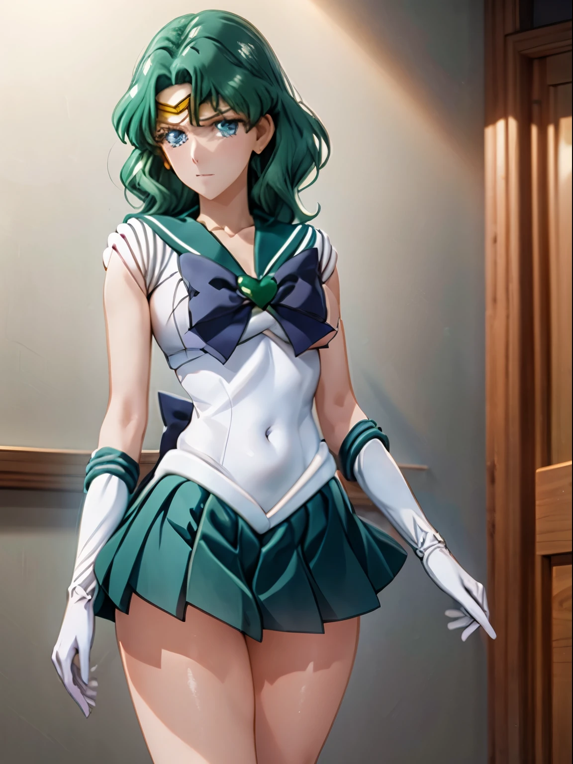 sailor neptune, 1 girl, green hair, short hair, blue eyes, detailed eyes, simple background, female focus, alone, Standing, Michiru Kaio, portrait, full body, (Masterpiece:1.0), (best quality:1.0) , (wallpaper 8k:1.0), (detailed beautiful face:1.0), (detailed deep eyes), deep eyes, looking at viewer, sailor scout, blue bow on chest, green skirt, white gloves,