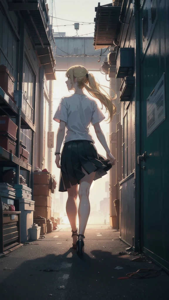 ((best quality)), ((masterpiece)), (detailed), one girl with long blond hair walking to far away in white t-shirt and black skirt, black high heels, garage