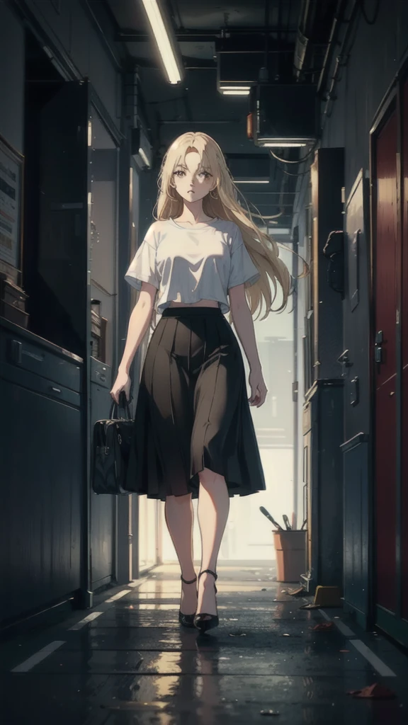 ((best quality)), ((masterpiece)), (detailed), one girl with long blond hair walking to far away in white t-shirt and black skirt, black high heels, garage