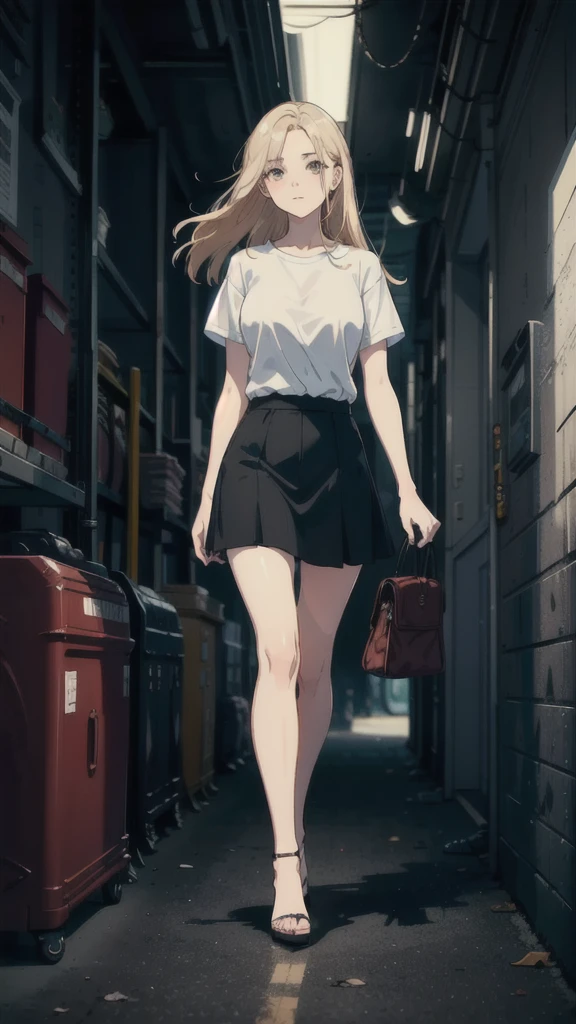 ((best quality)), ((masterpiece)), (detailed), one girl with long blond hair walking to far away in white t-shirt and black skirt, black high heels, garage
