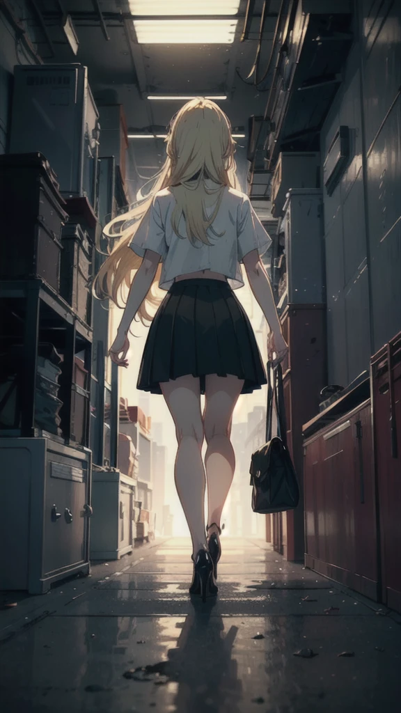 ((best quality)), ((masterpiece)), (detailed), one girl with long blond hair walking to far away in white t-shirt and black skirt, black high heels, garage