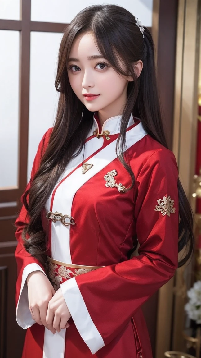 masterpiece, Highest quality, One girl, alone, Long Hair, View your viewers, smile, bangs, hair ornaments, Red eyes, Long sleeve, Sexy Dress, Are standing, clavicle, Black Hair, Brown Hair, Sexy Alternative Costumes, Wide sleeves, wood, Sexy Micro Cheongsam, hairpin, Hanfu, Ningguang City (Genshin Impact), Ningguang City, Big Breasts, Perfect body
