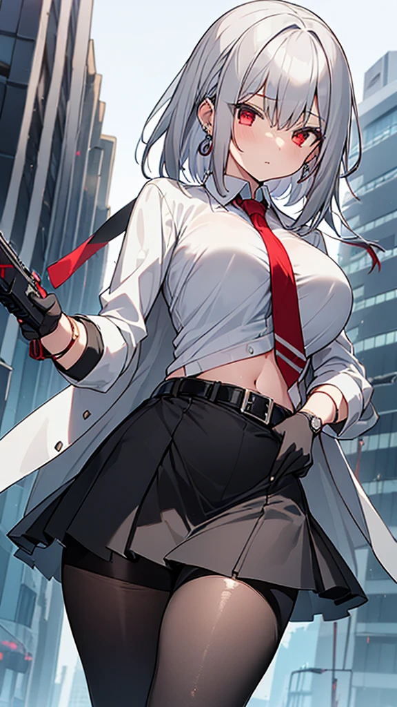 One girl, Close-up shot, (Gray Hair, Medium Hair, Large Breasts, Red eyes), Perfect Anatomy, city, Cyberpunk Style, ((White shirt, Black jacket, Black Skirt, belly button, belt, Black gloves, tie, watch, Earrings, Sheer black leggings)), ((Possession of a gun)), war, ruined city, battlefield, rubble, building,cigarette