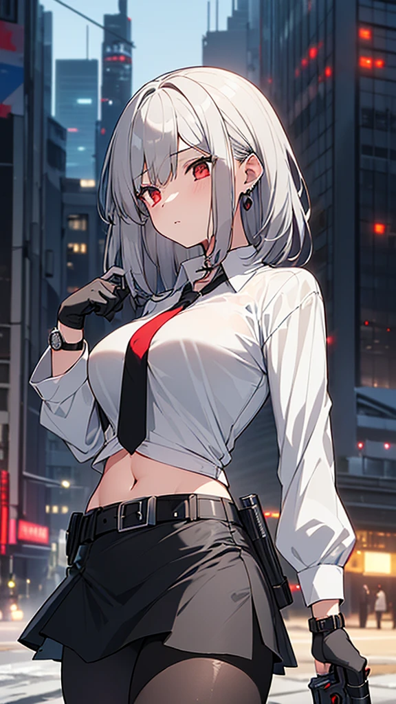 One girl, Close-up shot, (Gray Hair, Medium Hair, Large Breasts, Red eyes), Perfect Anatomy, city, Cyberpunk Style, ((White shirt, Black jacket, Black Skirt, belly button, belt, Black gloves, tie, watch, Earrings, Sheer black leggings)), ((Possession of a gun)), war, ruined city, battlefield, rubble, building,cigarette