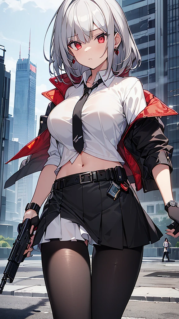 One girl, Close-up shot, (Gray Hair, Medium Hair, Large Breasts, Red eyes), Perfect Anatomy, city, Cyberpunk Style, ((White shirt, Black jacket, Black Skirt, belly button, belt, Black gloves, tie, watch, Earrings, Sheer black leggings)), ((Possession of a gun)), war, ruined city, battlefield, rubble, building,cigarette