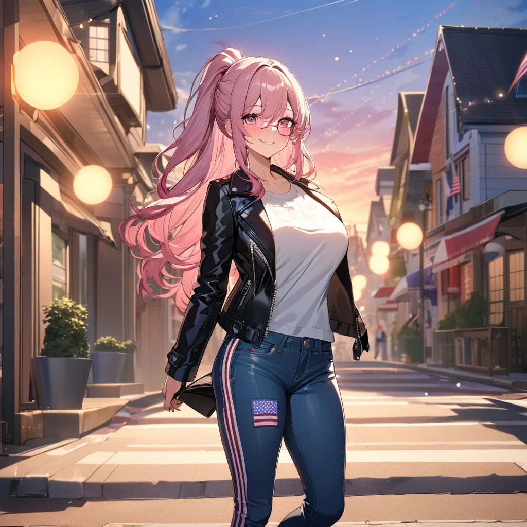 A woman wearing a leather jacket with United States flag fabric, open jacket, white shirt with United States flag, wearing tight jeans, sports sneakers, hot pink hair, long hair, silver bangs, multicolored hair, pink eyes, big breasts, cap with United States texture, pink glasses, walking on the sidewalk of an American neighborhood, standing, smiling, traditional, United States flag on houses, neighborhood in celebration, place at sunset,UHD , prime work , accurate , anatomically correct , textured skin , super details , high quality , best quality, 8k, high resolution, bokeh effect. (woman solo), close view.
