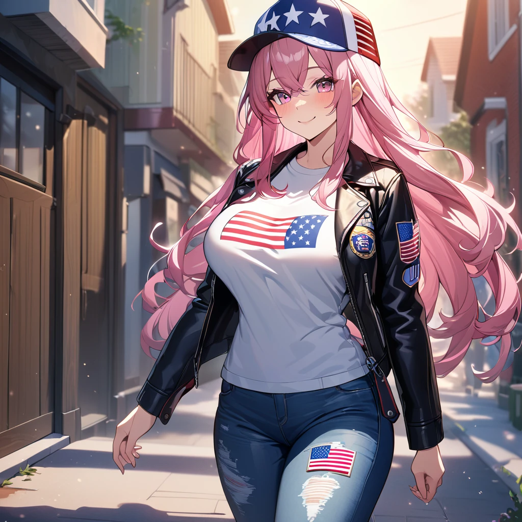 A woman wearing a leather jacket with United States flag fabric, open jacket, white shirt with United States flag, wearing tight jeans, sports sneakers, hot pink hair, long hair, silver bangs, multicolored hair, pink eyes, big breasts, cap with United States texture, pink glasses, walking on the sidewalk of an American neighborhood, standing, smiling, traditional, United States flag on houses, neighborhood in celebration, place at sunset,UHD , prime work , accurate , anatomically correct , textured skin , super details , high quality , best quality, 8k, high resolution, bokeh effect. (woman solo), close view.
