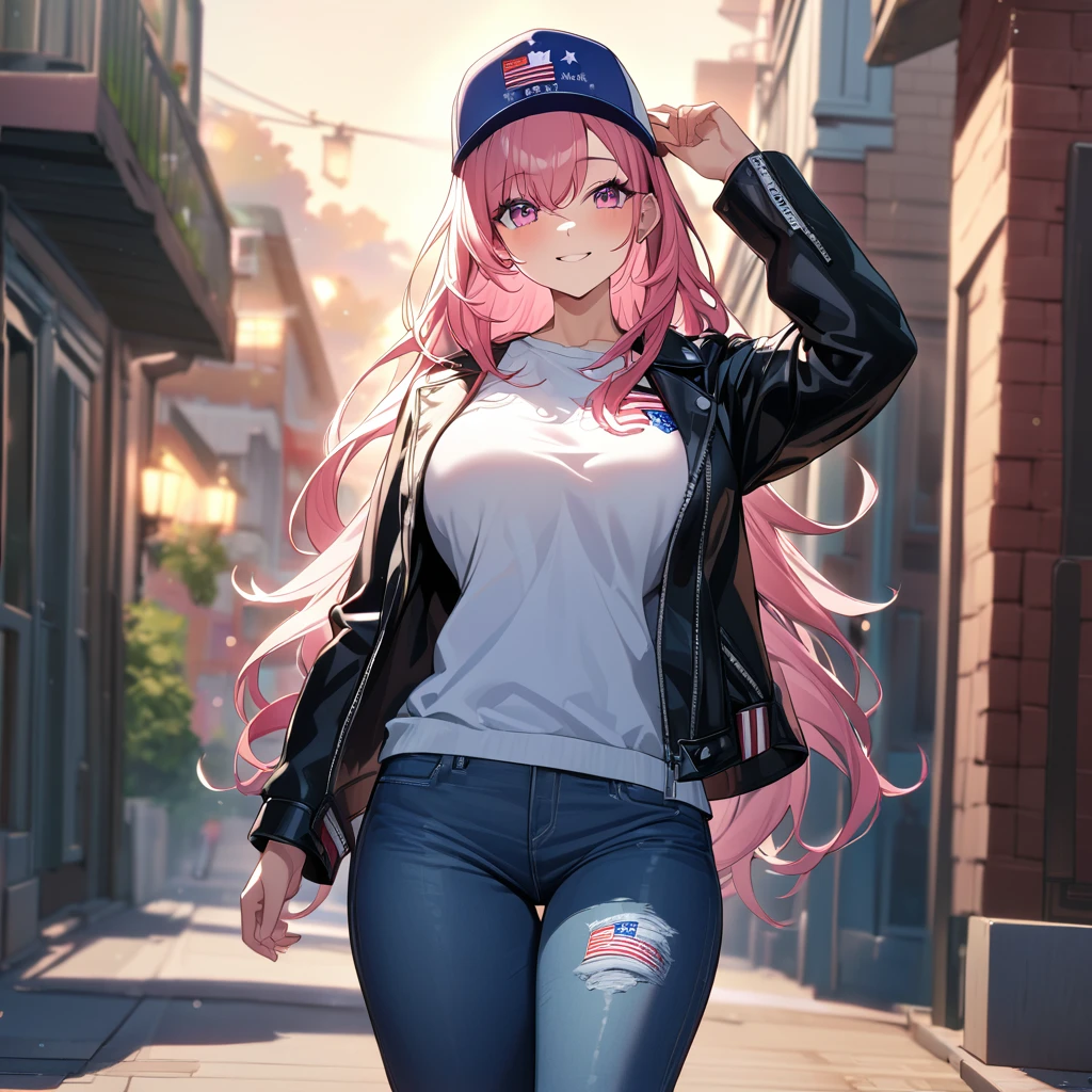 A woman wearing a leather jacket with United States flag fabric, open jacket, white shirt with United States flag, wearing tight jeans, sports sneakers, hot pink hair, long hair, silver bangs, multicolored hair, pink eyes, big breasts, cap with United States texture, pink glasses, walking on the sidewalk of an American neighborhood, standing, smiling, traditional, United States flag on houses, neighborhood in celebration, place at sunset,UHD , prime work , accurate , anatomically correct , textured skin , super details , high quality , best quality, 8k, high resolution, bokeh effect. (woman solo), close view.
