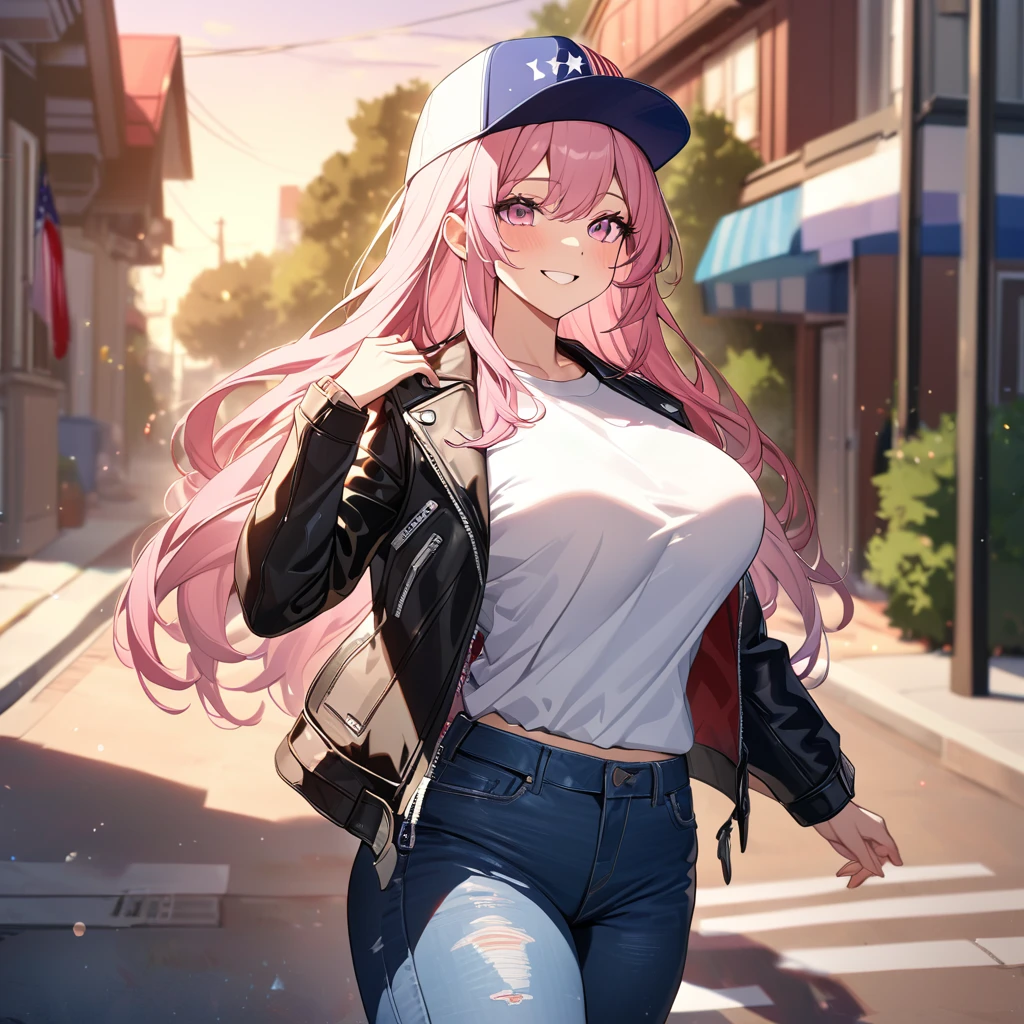 A woman wearing a leather jacket with United States flag fabric, open jacket, white shirt with United States flag, wearing tight jeans, sports sneakers, hot pink hair, long hair, silver bangs, multicolored hair, pink eyes, big breasts, cap with United States texture, pink glasses, walking on the sidewalk of an American neighborhood, standing, smiling, traditional, United States flag on houses, neighborhood in celebration, place at sunset,UHD , prime work , accurate , anatomically correct , textured skin , super details , high quality , best quality, 8k, high resolution, bokeh effect. (woman solo), close view.