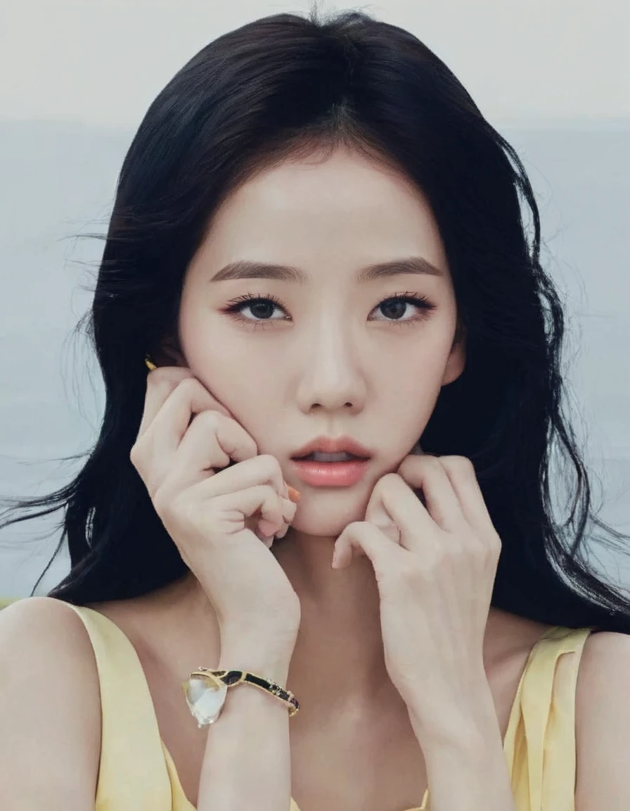 a woman with long black hair and a yellow dress posing for a photo, Shin Min Jeong, heonhwa choe, Lee Ji-eun, Lee Ji-eun, Kim Hyun Joo, kwak ji jovem, sun yunjoo, Parque Ji-min, retrato de jisoo blackpink, Seseon Yoon, Kim Doyoung, Crystal, jiyun chae