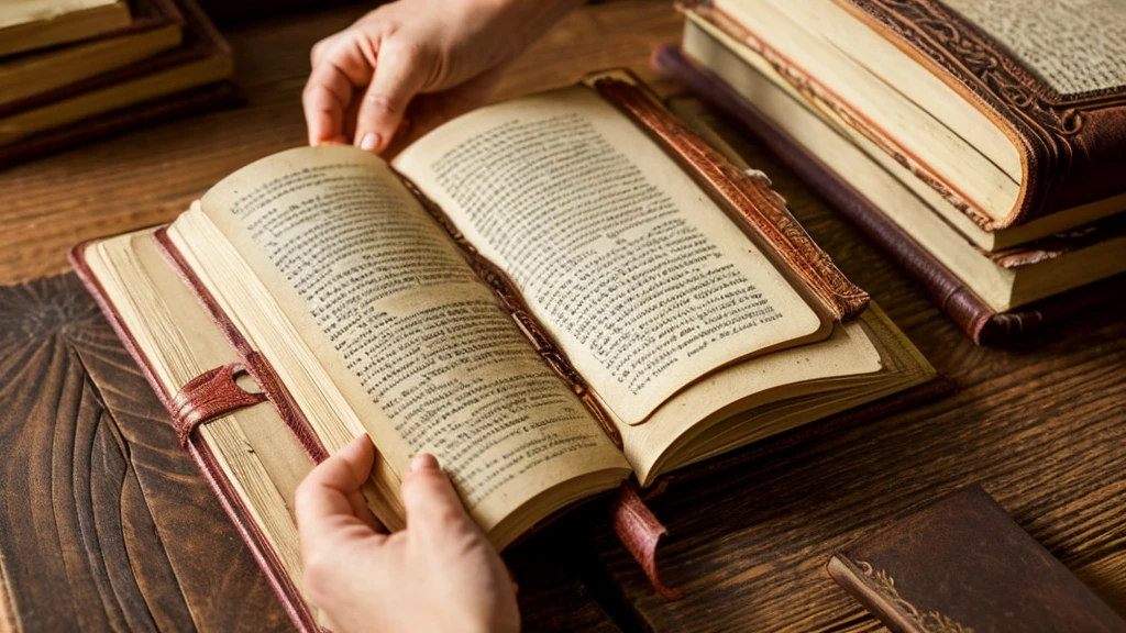 Create a hyperdetailed image of an ancient leather-bound book lying on a wooden table. A tiny, hyperdetailed fairy is attempting to open the book. She is much smaller than the book itself, and is struggling to open the book. Inside the book, another fairy is stretching out her hand trying to help the other fairy back inside the book.