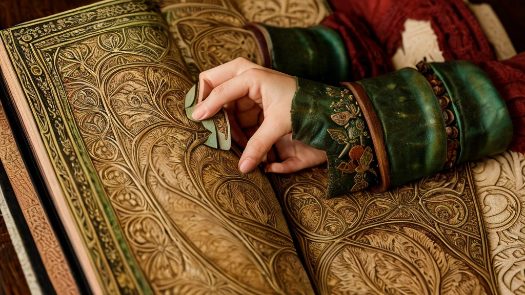  Create a hyperdetailed image of an ancient leather-bound book lying on a wooden table. A tiny, hyperdetailed fairy is attempting to open the book. She is much smaller than the book itself, and is struggling to open the book. Inside the book, another fairy is stretching out her hand trying to help the other fairy back inside the book.