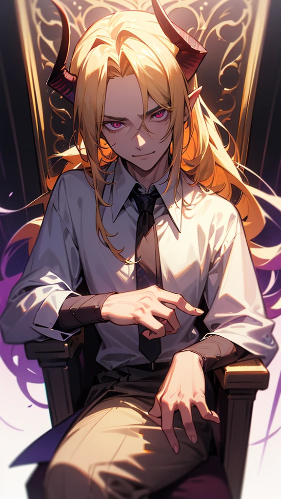 a handsome adult male with long, flowing blonde hair, small demon horns, wearing a refined white shirt, sitting on his throne with an evil smile and glowing purple eyes, detailed face, highly detailed, photorealistic, 8k, masterpiece, dramatic lighting, cinematic composition, moody atmosphere