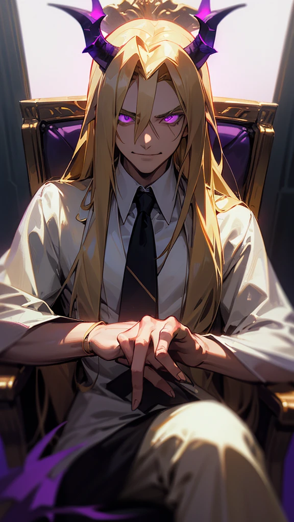 a handsome adult male with long, flowing blonde hair, small demon horns, wearing a refined white shirt, sitting on his throne with an evil smile and glowing purple eyes, detailed face, highly detailed, photorealistic, 8k, masterpiece, dramatic lighting, cinematic composition, moody atmosphere