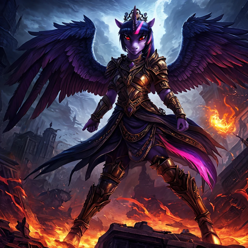 A war-torn apocalyptic city in flames, an evil leader anthro alicorn pony queen Twilight Sparkle with a scar across face, 1girl, corpse, detailed feathered wings and unicorn horn, detailed hands and feet, wearing steel armor, surrounded by dark magic, wearing a crown, beautiful detailed eyes, beautiful detailed lips, red eyes with purple smoke, extremely detailed eyes and face, long eyelashes, realistic portrait, fantasy portrait, dark fantasy, concept art, digital painting, hyper-detailed, cinematic lighting, volumetric lighting, dramatic colors, deep shadows, moody atmosphere, intricate texture, highly detailed armor, ornate crown, glowing dark magic effects, dynamic pose, photorealistic, 8k, HDR, physically-based rendering, vibrant colors, cinematic framing