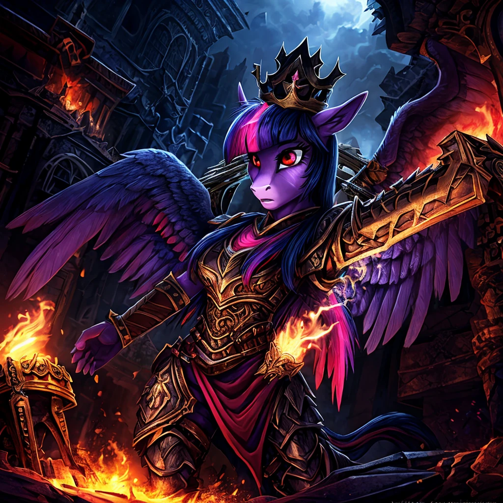 A war-torn apocalyptic city in flames, an evil leader anthro alicorn pony queen Twilight Sparkle with a scar across face, 1girl, corpse, detailed feathered wings and unicorn horn, detailed hands and feet, wearing steel armor, surrounded by dark magic, wearing a crown, beautiful detailed eyes, beautiful detailed lips, red eyes with purple smoke, extremely detailed eyes and face, long eyelashes, realistic portrait, fantasy portrait, dark fantasy, concept art, digital painting, hyper-detailed, cinematic lighting, volumetric lighting, dramatic colors, deep shadows, moody atmosphere, intricate texture, highly detailed armor, ornate crown, glowing dark magic effects, dynamic pose, photorealistic, 8k, HDR, physically-based rendering, vibrant colors, cinematic framing