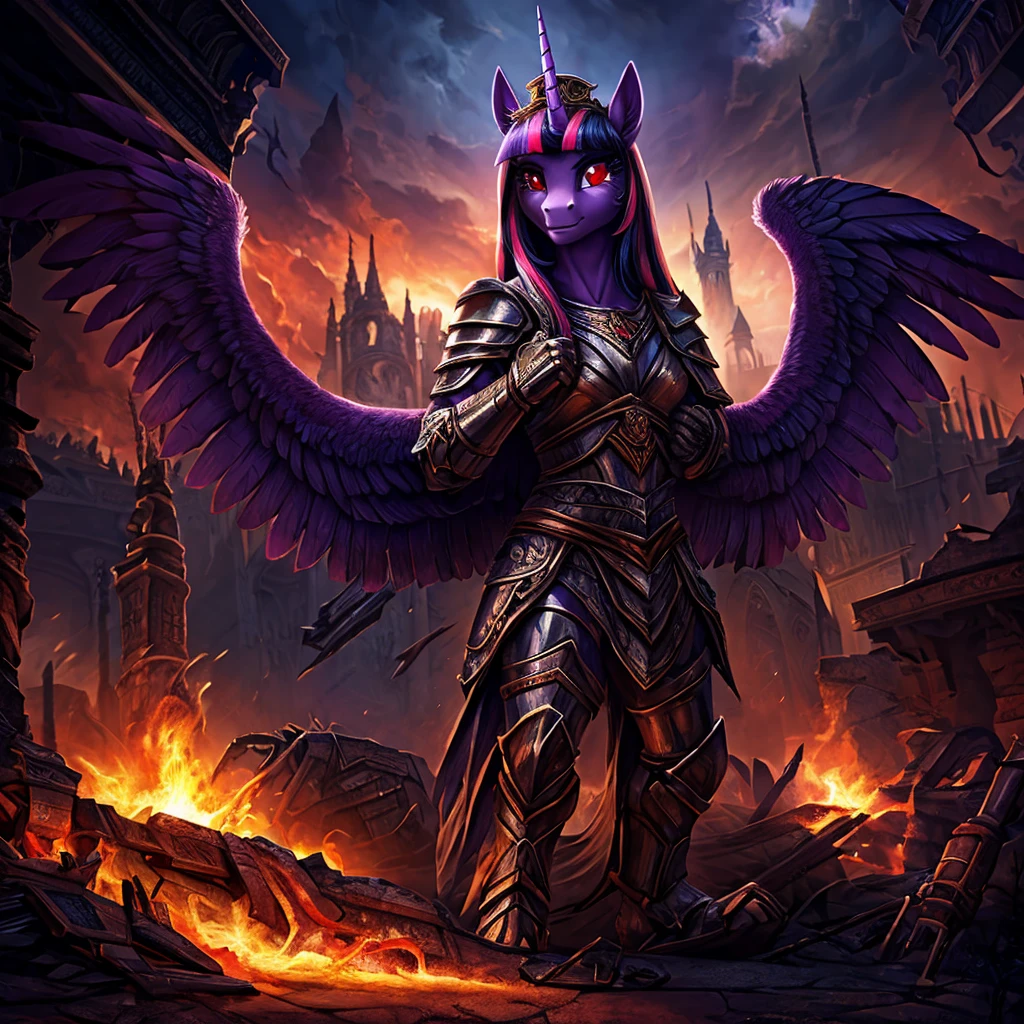 A war-torn apocalyptic city in flames, an evil leader anthro alicorn pony queen Twilight Sparkle with a scar across face, 1girl, corpse, detailed feathered wings and unicorn horn, detailed hands and feet, wearing steel armor, surrounded by dark magic, wearing a crown, beautiful detailed eyes, beautiful detailed lips, red eyes with purple smoke, extremely detailed eyes and face, long eyelashes, realistic portrait, fantasy portrait, dark fantasy, concept art, digital painting, hyper-detailed, cinematic lighting, volumetric lighting, dramatic colors, deep shadows, moody atmosphere, intricate texture, highly detailed armor, ornate crown, glowing dark magic effects, dynamic pose, photorealistic, 8k, HDR, physically-based rendering, vibrant colors, cinematic framing