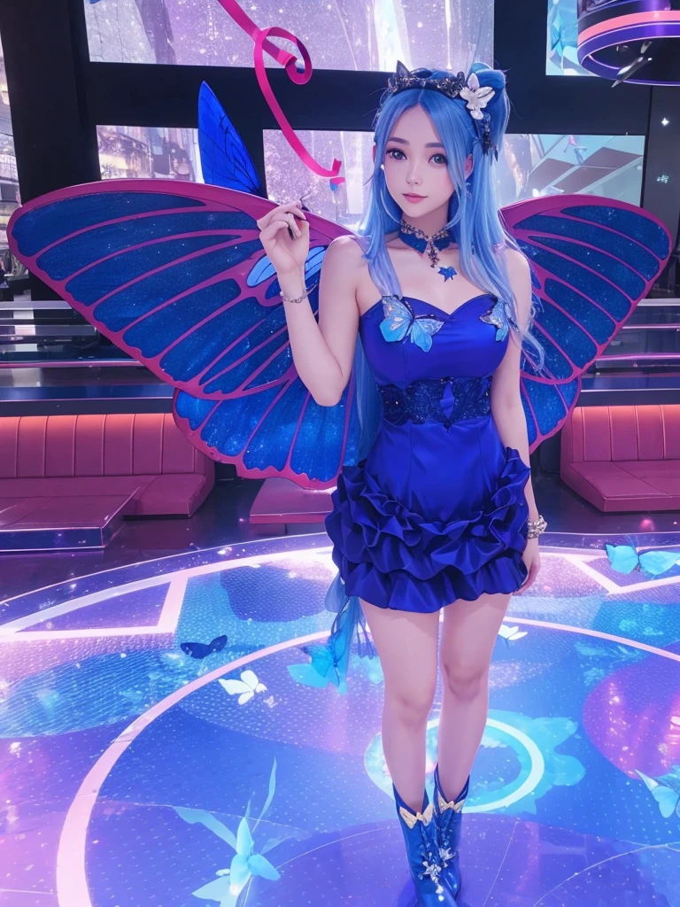 A beautiful girl in full body, with straight blue hair, with blue party dress, with blue butterfly wings and blue boots.