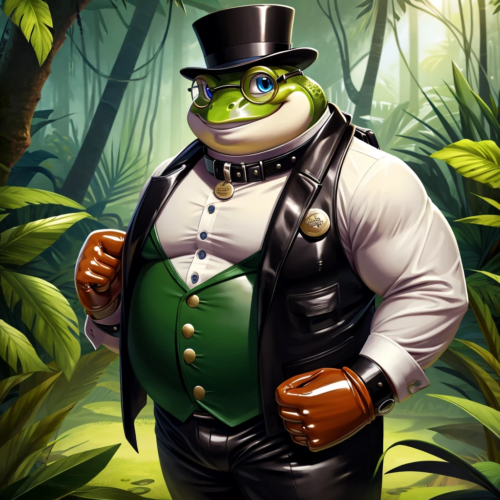 Solo, Male, fat, extremely obese, gentleman, dapper Professor Frog, blue eyes, (posing:1.3), (soft shading), 4k, hi res, ((detailed face, detailed)), looking at viewer, evil grin, jungle, forest, collared shirt with buttons, top hat, male focus, Explorer Outfit, glasses, monocle, bag, vest with buttons, backpack, sleeves rolled up, round eyewear, brown headwear, brown vest, Frog is wearing a glossy leather dog collar around the neck, Frog is wearing the leather collar and shirt and vest at the same time, Frog is wearing glossy white rubber gloves on the hands, wearing white rubber gloves on the feet, Frog is wearing glossy white cuffs around the wrists with cufflinks, gloves are rubber in texture, clenching teeth, clenching fists, leather collar is glossy and shiny with a lot of detail, Frog is wearing gloves and cuffs and cufflinks at the same time, leather collar has a round dog-tag, leather collar is thick and detailed.