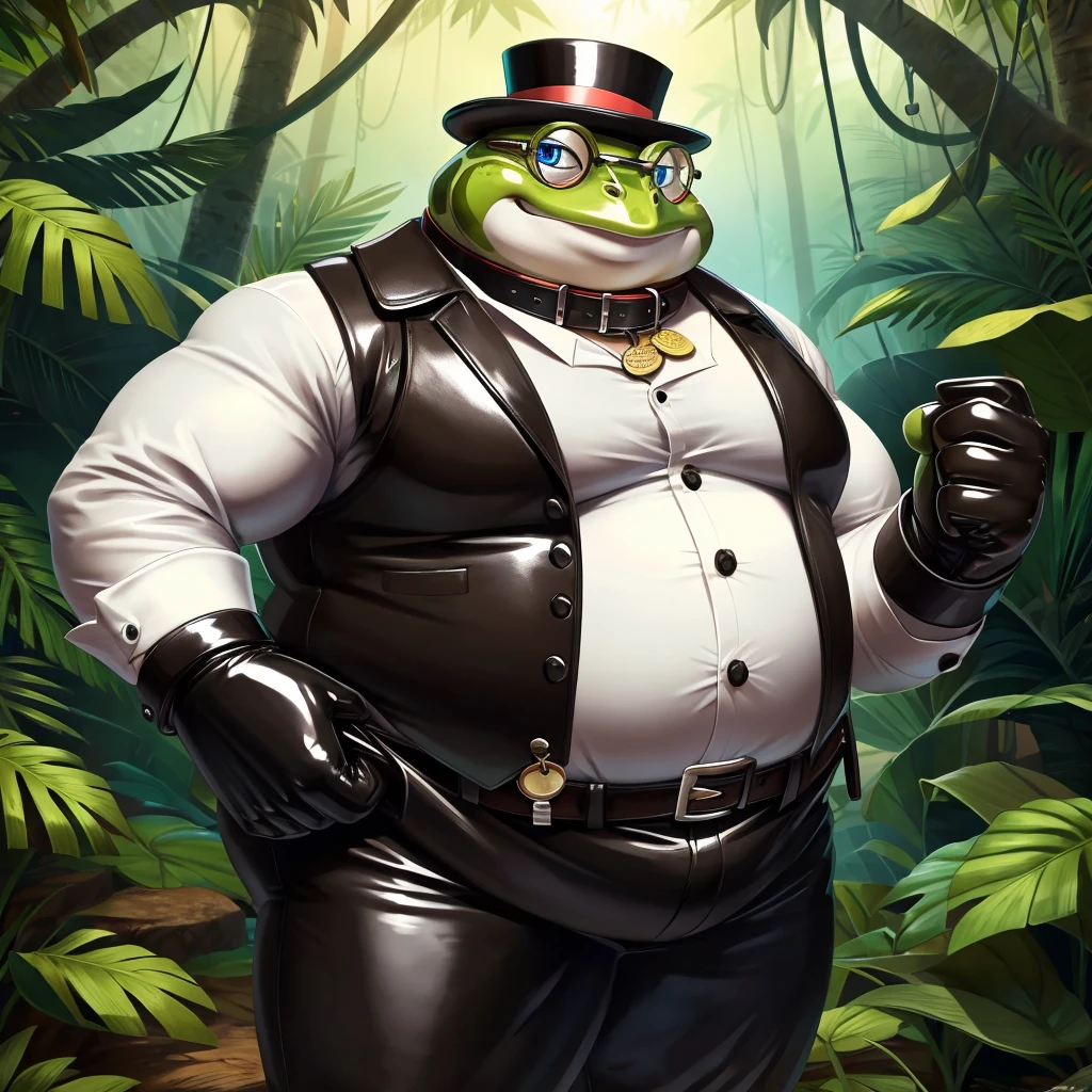 Solo, Male, fat, extremely obese, gentleman, dapper Professor Frog, blue eyes, (posing:1.3), (soft shading), 4k, hi res, ((detailed face, detailed)), looking at viewer, evil grin, jungle, forest, collared shirt with buttons, top hat, male focus, Explorer Outfit, glasses, monocle, bag, vest with buttons, backpack, sleeves rolled up, round eyewear, brown headwear, brown vest, Frog is wearing a glossy leather dog collar around the neck, Frog is wearing the leather collar and shirt and vest at the same time, Frog is wearing glossy white rubber gloves on the hands, wearing white rubber gloves on the feet, Frog is wearing glossy white cuffs around the wrists with cufflinks, gloves are rubber in texture, clenching teeth, clenching fists, leather collar is glossy and shiny with a lot of detail, Frog is wearing gloves and cuffs and cufflinks at the same time, leather collar has a round dog-tag, leather collar is thick and detailed.