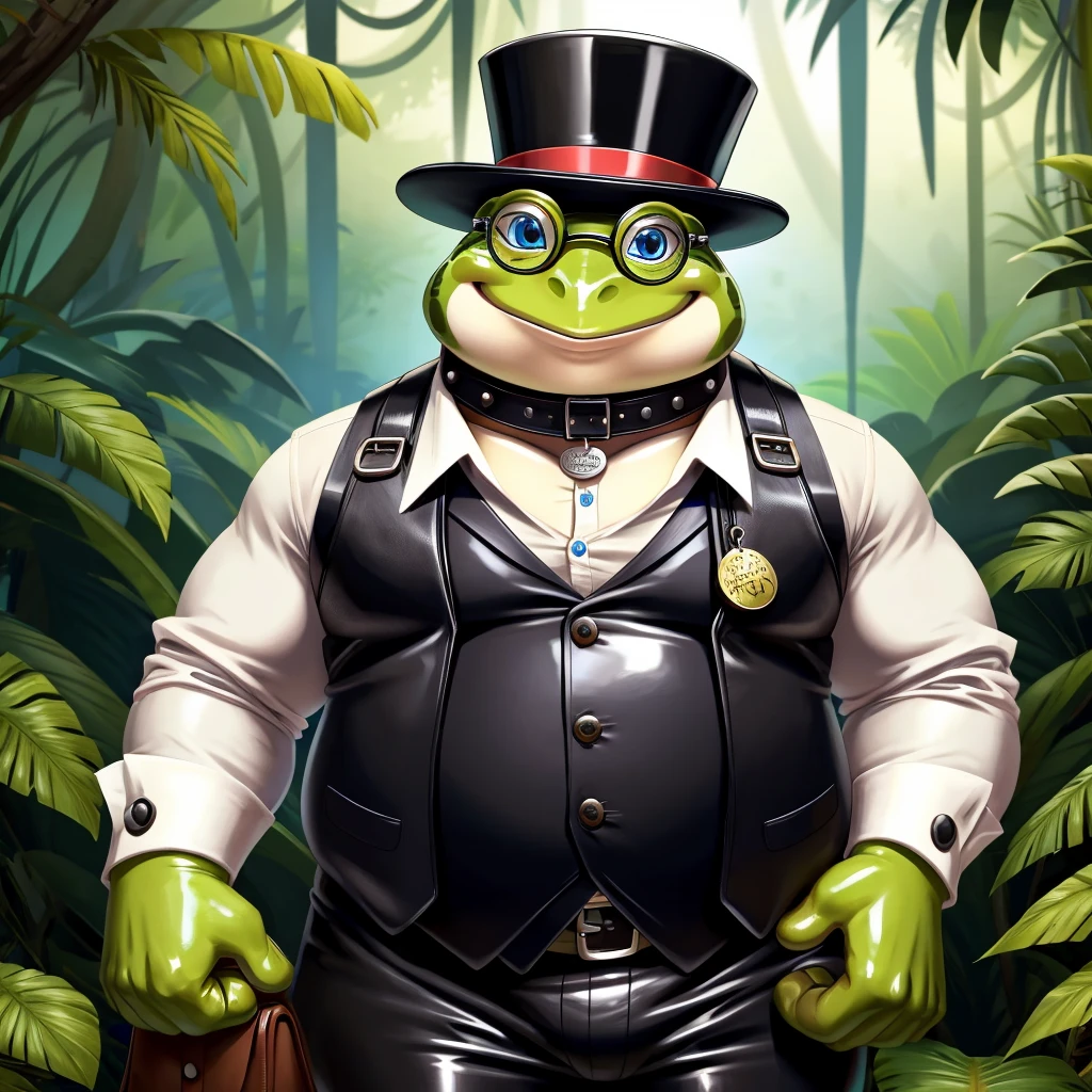 Solo, Male, fat, extremely obese, gentleman, dapper Professor Frog, blue eyes, (posing:1.3), (soft shading), 4k, hi res, ((detailed face, detailed)), looking at viewer, evil grin, jungle, forest, collared shirt with buttons, top hat, male focus, Explorer Outfit, glasses, monocle, bag, vest with buttons, backpack, sleeves rolled up, round eyewear, brown headwear, brown vest, Frog is wearing a glossy leather dog collar around the neck, Frog is wearing the leather collar and shirt and vest at the same time, Frog is wearing glossy white rubber gloves on the hands, wearing white rubber gloves on the feet, Frog is wearing glossy white cuffs around the wrists with cufflinks, gloves are rubber in texture, clenching teeth, clenching fists, leather collar is glossy and shiny with a lot of detail, Frog is wearing gloves and cuffs and cufflinks at the same time, leather collar has a round dog-tag, leather collar is thick and detailed.