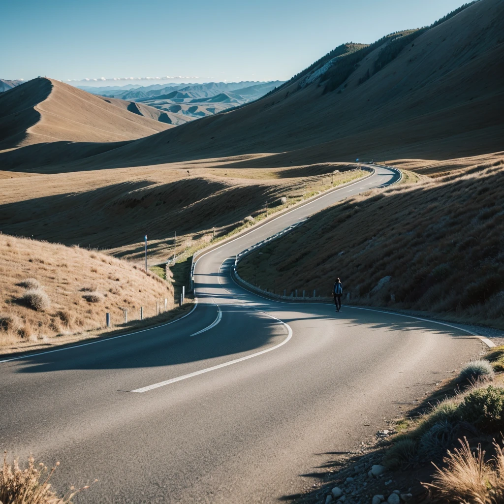 Image: A winding road symbolizing the journey of life, with a person walking determinedly towards the horizon.