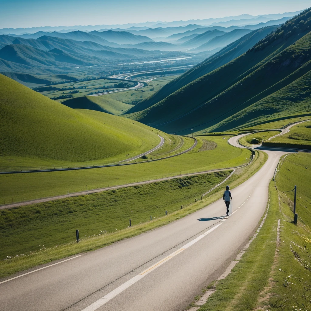 Image: A winding road symbolizing the journey of life, with a person walking determinedly towards the horizon.