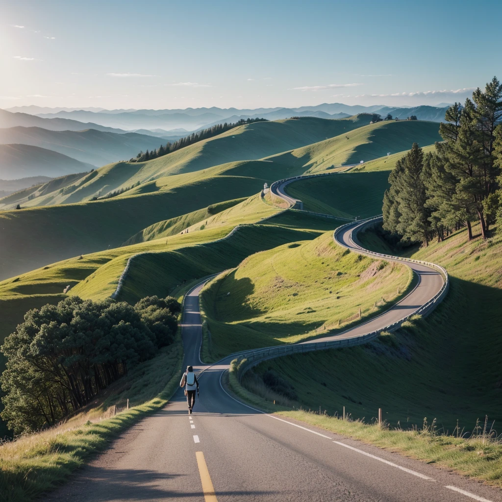 Image: A winding road symbolizing the journey of life, with a person walking determinedly towards the horizon.