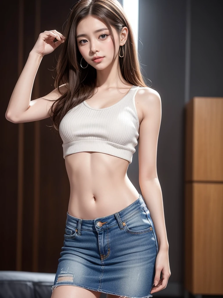 8K, masutepiece, Very sexual body 、Raw foto, Best Quality, More bold exposure 、Photorealistic, Wallpapers with extreme details CG Unity 8K, depth of fields, Cinematic Light, lensflare, Ray traching, (Extremely beautiful face, Beautiful lips, beautidful eyes), intricate detail face, ((Ultra Detail Skin)) 1girl in, (Korean model Kim Daun, Dhoni), (Korean model Kim Daun, Dhoni), (Korean model Kim Daun, Dhoni), (Korean model Kim Daun, Dhoni), (Korean model Kim Daun, Dhoni),1 girl, (very thin muscular body:1.3), ((look up at viewer)),(huge smile:1.3), (blured background), A glimmer of light), (No people in the background.:1.3), Beautiful earrings, Clear eyes, Front shot, (pale-skinned), (Big eyes), (Big eyes) (Big eyes), (Big eyes), (Big eyes), Facing forward, (Full body shot), (ligh brown hair), Open the navel............, (look up at viewer:1.3), Very slim, a slender waist, small hips, , a slender waist, small hips, a slender waist, small hips, a slender waist, small hips, ((wide open abdomen))、((open abdomen))、((wide open navel))、((open navel))、((Bare belly))、((Mid-Riff Sweater))、((Ultra-low rise、Denim Mini Skirt))、 ((Navel Ejection))、((small hips))、((Full body depiction))、((small hip))、(boots)、((Ultra-low rise))、((Denim Mini Skirt))、((is standing))、)