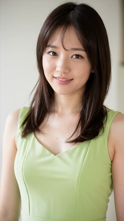 ((Highest quality、8K、masterpiece:1.3))、Realistic, Sharp focus, High resolution, High resolution,Portraiture, One person、Japanese、woman, beautiful woman, (((lime green dress)))、30 years old, plump, Medium Long Hair,smile