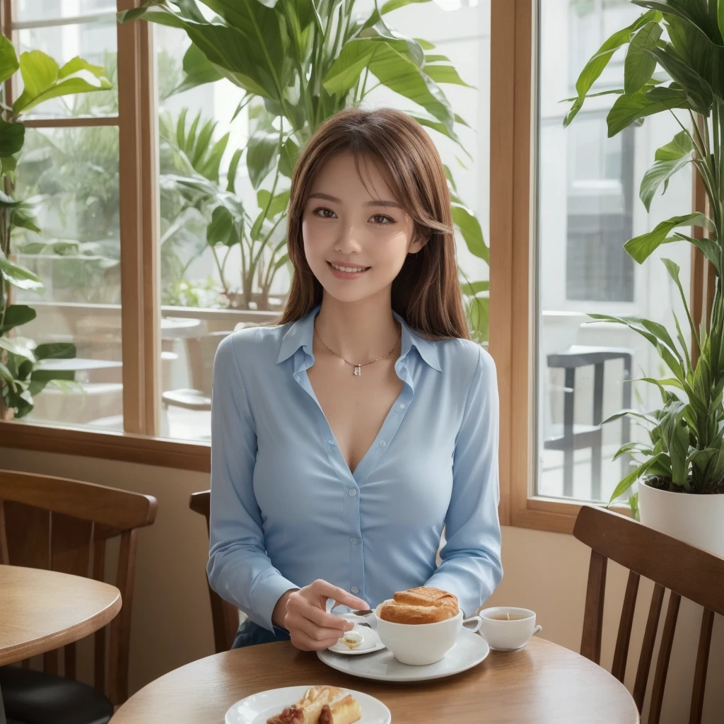 solo Detailed and realistic portrait of a beautiful young Asian woman。She has long light brown hair and big light brown eyes. ((medium breast, tomboy girls, small head)), daylight, sunlight, (chiseled abs : 1.1), (perfect body : 1.1), auburn hair, collar, chain, full body shot, , Top quality, 1 beautiful woman, long Hair, brown hair, A beautiful woman, wearing a light blue blouse, is enjoying breakfast with a smile in a stylish cafe with a white-themed decor. The soft morning light filters through the large windows, illuminating the elegant, minimalist design of the cafe. She sits at a small table near a potted plant, sipping her coffee while looking out at the serene street. The breakfast spread includes a croissant, fresh fruit, and a perfectly plated avocado toast. The atmosphere is peaceful and sophisticated, highlighting the beauty of both the woman and the setting. extremely detailed CG 8k wallpaper), (an extremely delicate and beautiful), (masterpiece), (best quality:1.0), (ultra highres:1.0),  beautiful lighting ,perfect lightning, realistic shadows, [highres], detailed skin, ultra-detailed