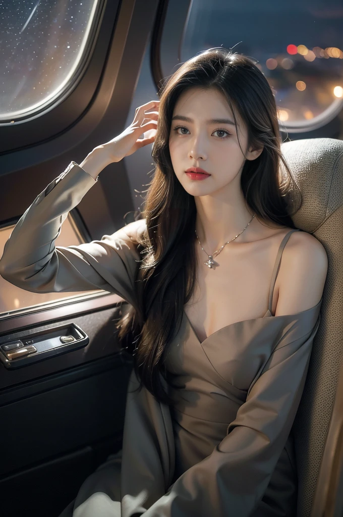 (((best quality))),(((ultra detailed))),(((masterpiece))),illustration,((1 beautiful girl,solo)),((slim,thin,small breasts,flat chest)),((shoulder length straight hair)),stunning female aviation passenger,In the aircraft cabin,nighttime flight,soaring high in the sky,serene beauty,elegance,dark colors,maxi dress,gracefully flowing,delicate necklace,sparkling pendant,soft lighting,anticipation,window seat,twinkling stars,moonlit sky,tastefully decorated aircraft interior,comfortable seats,warm ambiance,entertainment options,relaxation,tranquility,serene expression,peaceful atmosphere,contrast between darkness and warmth,captivating ambiance,magical moment,essence of summer,allure of the night,enchantment of air travel