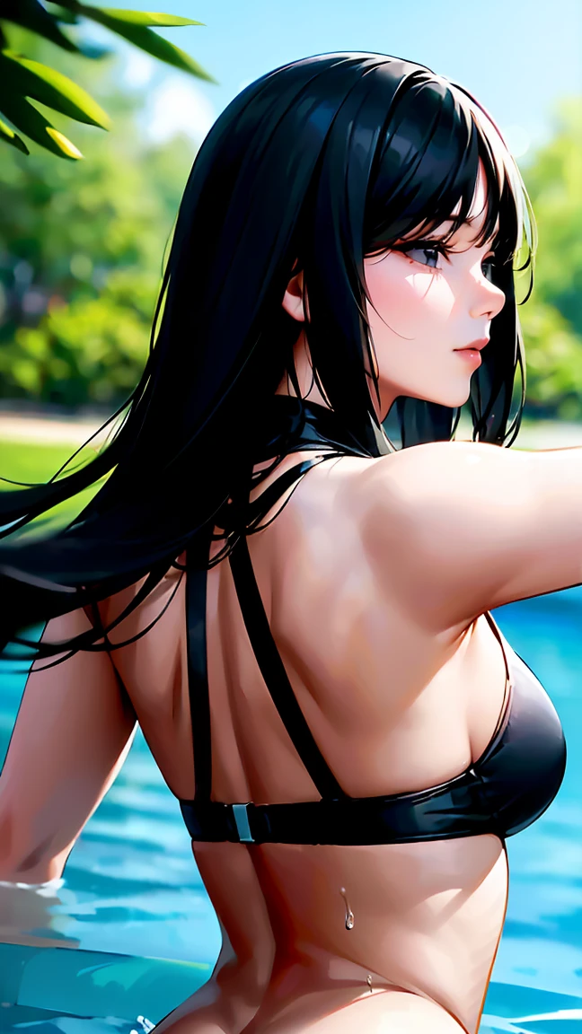 ((Highest quality、masterpiece、、Realistic、超High resolution、Very delicate and beautiful、High resolution、Cinema Lighting))、 Pool、((A scene where the upper body jumps out of the water:1.6))。((Long black hair:1.6))、smile。(Brightly colored swimsuits with easy-to-move-in designs)。Her movements are very lively and fun.、(Water splashes everywhere。背景には青いPoolの水とPoolサイドのデッキチェアとパラソルが見えます.。The sky was clear and、The sunlight reflects off the water surface)。The overall atmosphere is one of summer fun.。((head buck、Arch your back))