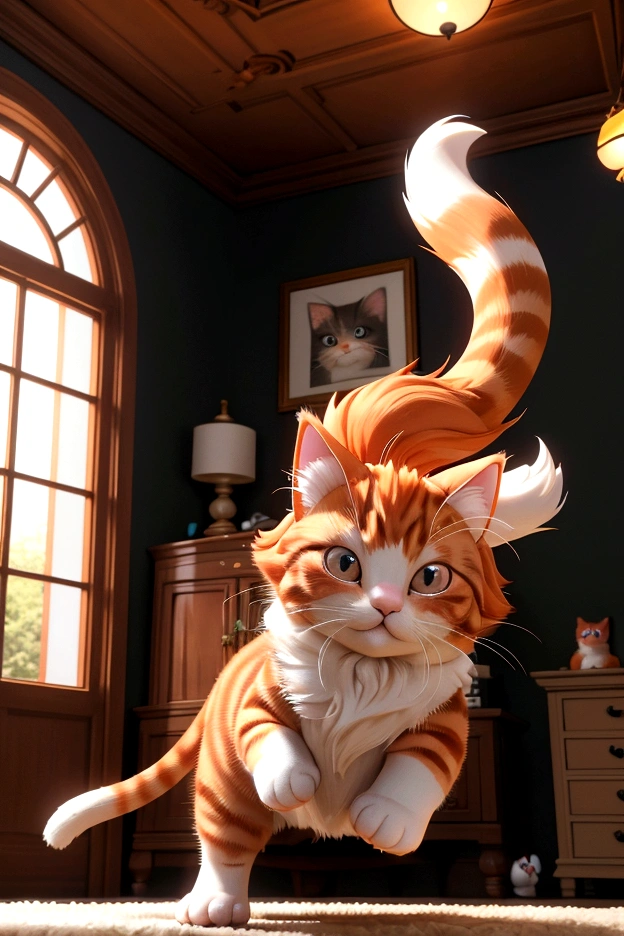 After breakfast, Oliver, the fluffy cute ginger cat, wandered into the living room, where his favorite toys were scattered about. He pounced on a stuffed mouse, his fluffy tail swishing back and forth as he played energetically. His face showed a playful grin as he engaged with his toys. (good quality:1.2), (Ultradetailed:1.2), (ultradetailed face:1.2), (ultradetailed body:1.2)
