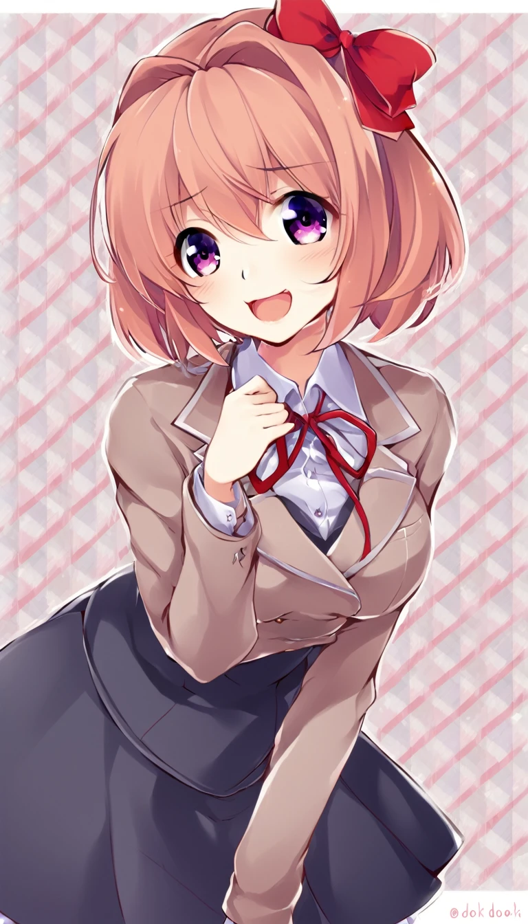 one girl, Sayori, DDLC, Doki Doki Literature Club , cheerful girl, hair bow, cute, open mouth, cute pose
