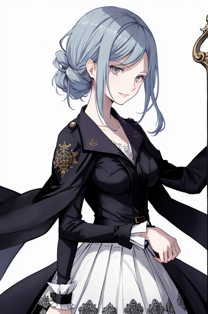 ((best quality)), ((masterpiece)), (detailed), 1girl, Character design, female, dynamic poses, long blue hair, grey white eyes, very skinny, detailed, best quality, no accesoires around the neck, prominent collarbones, skinny arms, upper body, blank white background, plain background, white background, ((red and white clothing)), Bloodborne inspired, occult aesthetic, occult, detailed and intricate steampunk and detailed gothic, Very dramatic and cinematic lighting, cosmic horror, grim-dark, side-lighting, perfect face, Fluttering lace flared long knee length dress with frilly petticoats, knee length dress, pleated petticoats, petticoats gothic, complex lace boots, side-lighting, gothic aesthetic, wielding a mighty sword with mechanical components, mandalas, small breasts, a fairy, various different types of insect wings,upper body, upper body, white holy clothes,white holy clothes,((evil smile)),blue hair,