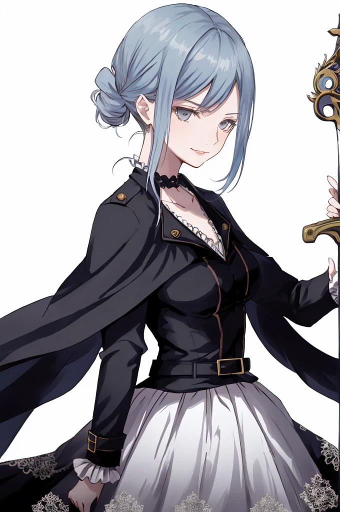 ((best quality)), ((masterpiece)), (detailed), 1girl, Character design, female, dynamic poses, long blue hair, grey white eyes, very skinny, detailed, best quality, no accesoires around the neck, prominent collarbones, skinny arms, upper body, blank white background, plain background, white background, ((red and white clothing)), Bloodborne inspired, occult aesthetic, occult, detailed and intricate steampunk and detailed gothic, Very dramatic and cinematic lighting, cosmic horror, grim-dark, side-lighting, perfect face, Fluttering lace flared long knee length dress with frilly petticoats, knee length dress, pleated petticoats, petticoats gothic, complex lace boots, side-lighting, gothic aesthetic, wielding a mighty sword with mechanical components, mandalas, small breasts, a fairy, various different types of insect wings,upper body, upper body, white holy clothes,white holy clothes,((evil smile)),blue hair,