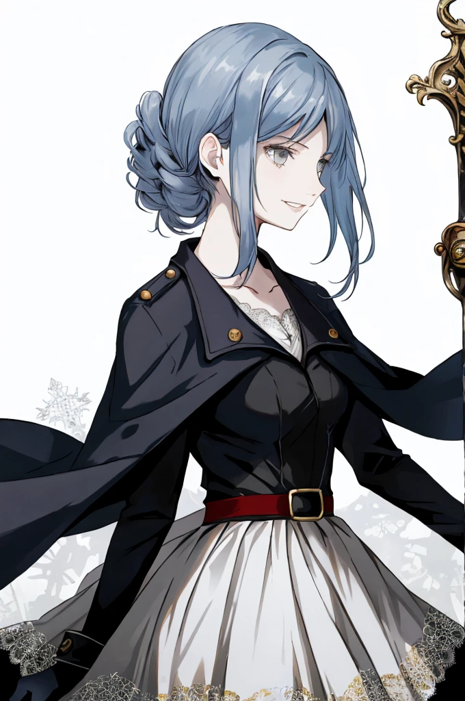 ((best quality)), ((masterpiece)), (detailed), 1girl, Character design, female, dynamic poses, long blue hair, grey white eyes, very skinny, detailed, best quality, no accesoires around the neck, prominent collarbones, skinny arms, upper body, blank white background, plain background, white background, ((red and white clothing)), Bloodborne inspired, occult aesthetic, occult, detailed and intricate steampunk and detailed gothic, Very dramatic and cinematic lighting, cosmic horror, grim-dark, side-lighting, perfect face, Fluttering lace flared long knee length dress with frilly petticoats, knee length dress, pleated petticoats, petticoats gothic, complex lace boots, side-lighting, gothic aesthetic, wielding a mighty sword with mechanical components, mandalas, small breasts, a fairy, various different types of insect wings,upper body, upper body, white holy clothes,white holy clothes,((evil smile)),blue hair,