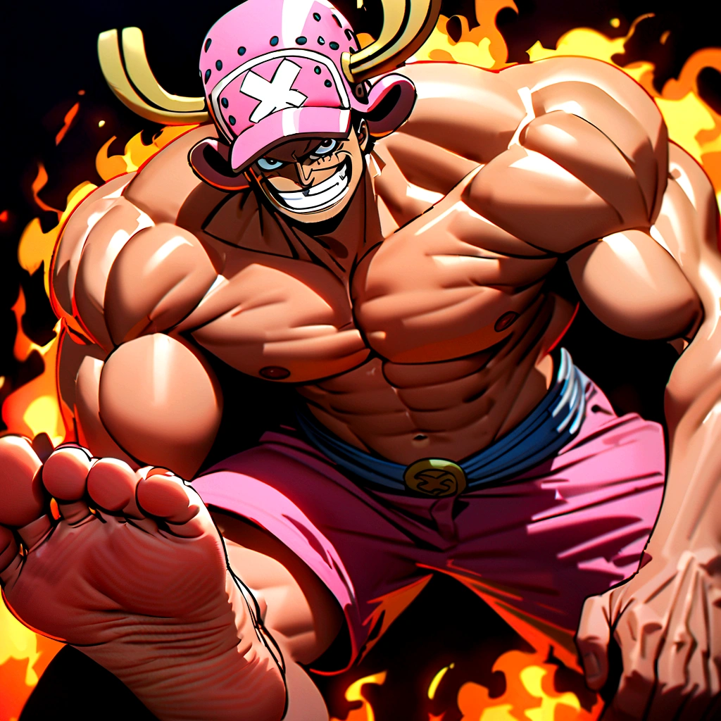 1 male, chopper, one piece, smiling, body on fire, Facial features carefully detailed, hands and feet are carefully depicted, very muscular, dark background, 8k, best quality