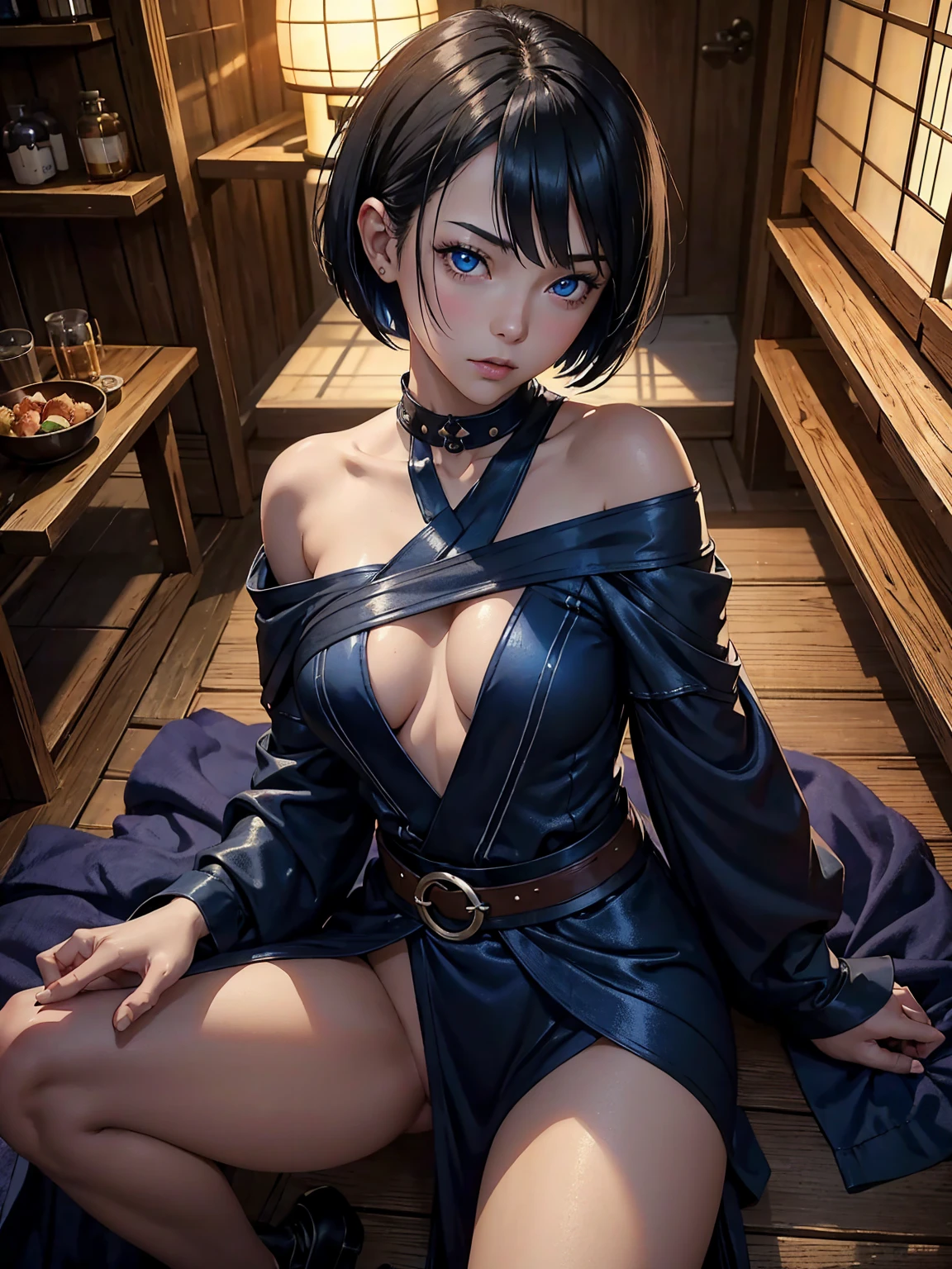 1girl, short bob hair, black hair, very small breasts, blue eyes, horny face, fair skin, she nude, lot of cum on sex, full body, full body, lying, medieval japanese house, very sexy body, detailed face, highly detailed, 8k, best quality, masterpiece, cinematic lighting, dramatic lighting, vibrant colors, digital art, concept art