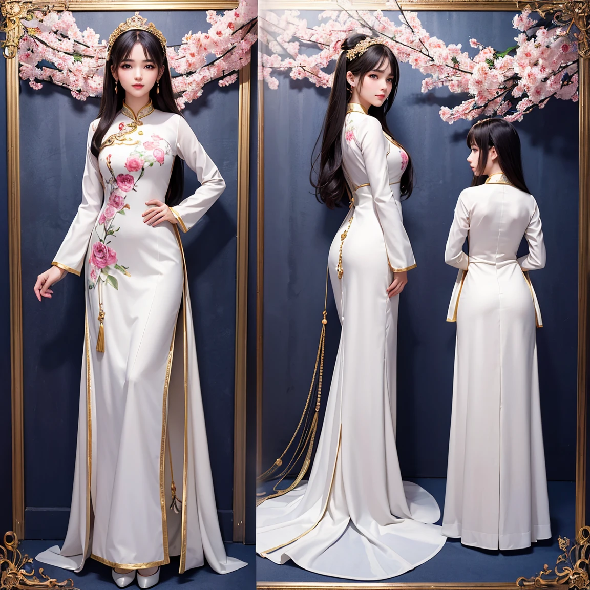 (masterpiece, best quality), ultra detailed, high resolution, 16k, the most beautiful face in the world, perfect face, delicate facial features, highly detailed beautiful face and eyes, shiny skin, highly detailed background, elaborately designed, fine cloth texture, perfect anatomy, perfect hands, BREAK, (gorgeous and stunning teenage girl in ao dai:1.2), perfect make-up, deeply in love, full of elegance, (full body:1.5), (three view drawing, front and back and side, character sheet:1.3)