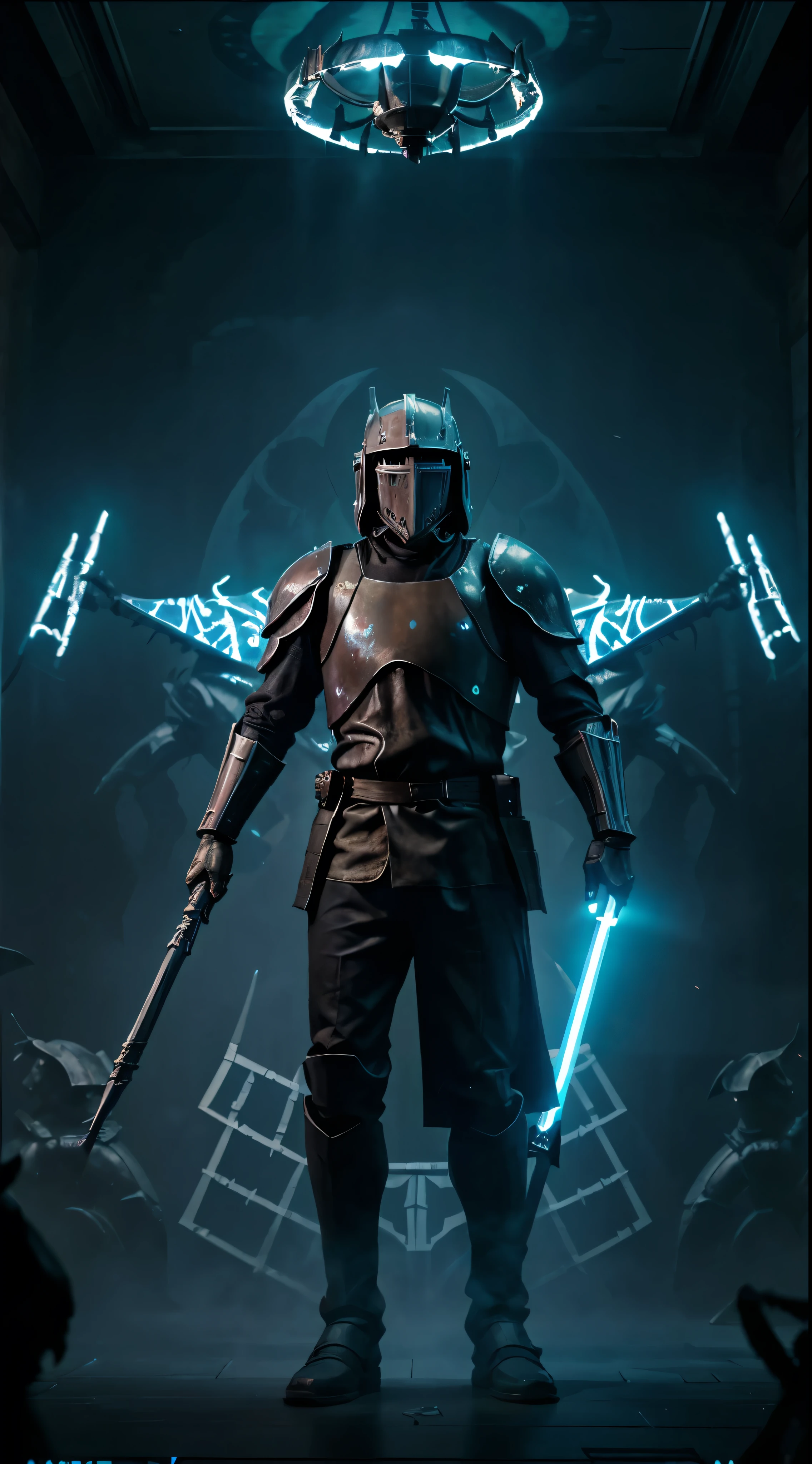 Jedi Knight、Neon-lit scene(Highest quality:1.2)、Bishop Cthulhu in the foreground(Deadly Battle Knight Background:1.5)、Smoky atmosphere(Surreal and otherworldly:1.3)、Neon Bishop&#39;s Robes(Cthulhu〈James Cthulhu〉)※39;s Tentacles Extending:1.4)、The Bishop&#39;s stern, Grotesque face(A hooded knight in armour carrying an ominous weapon:1.6)、A dark and ominous background contrasting with bright neon lights、(Detailed Texture:1.1)、
