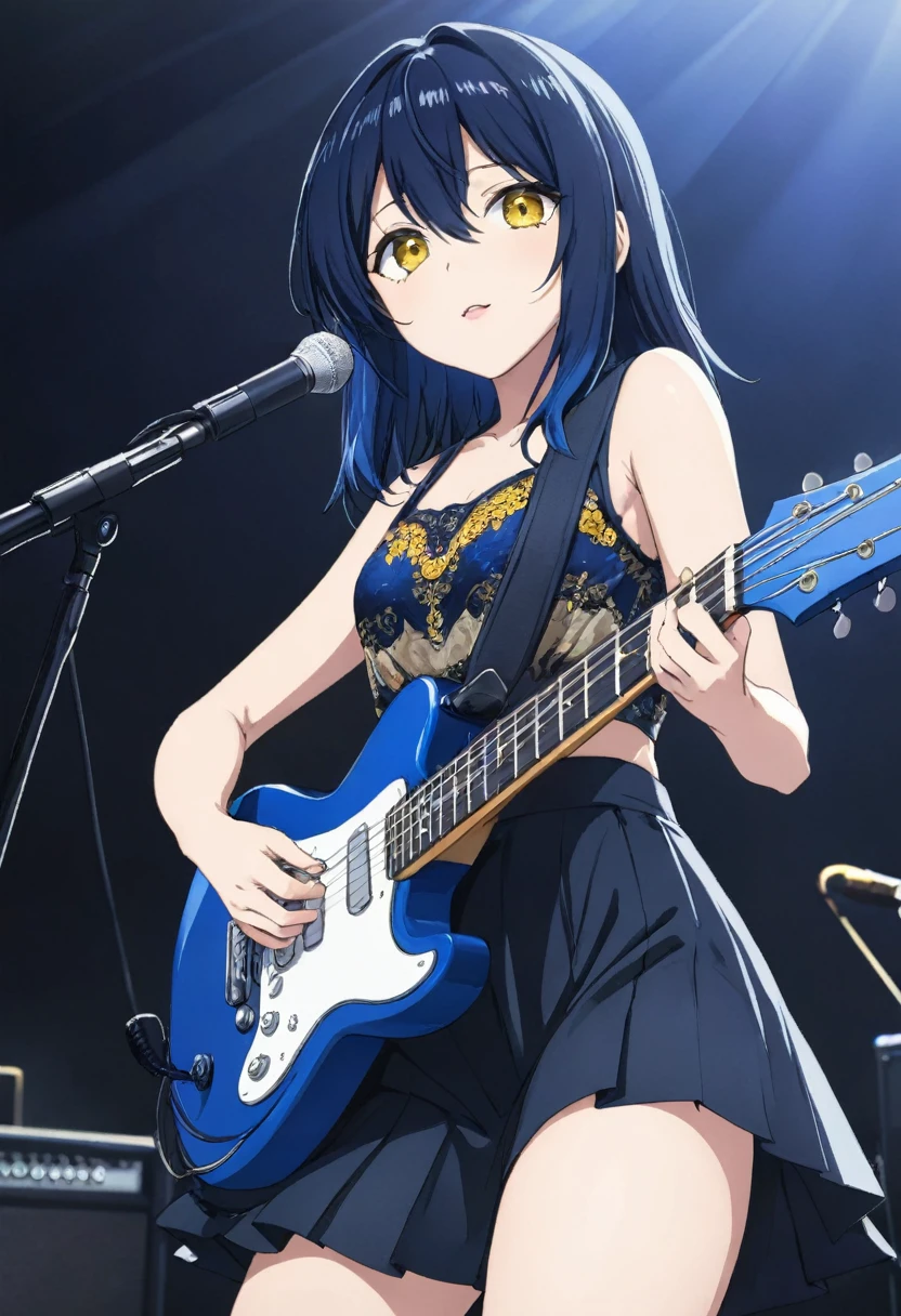 Miko yotsuya playing guitar in concert (yelllow eyes)   black blue hair